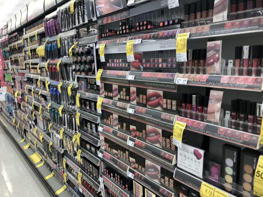 Makeup aisle at Wal-Greens.