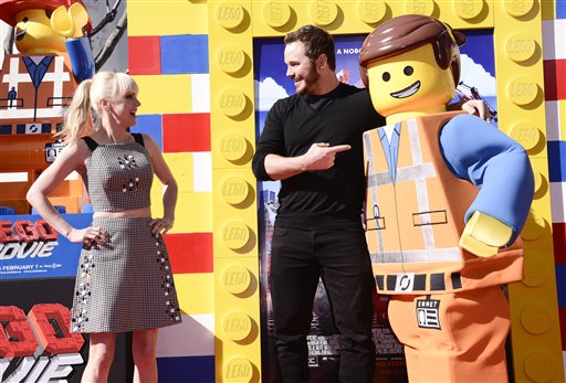 Actor Chris Pratt, right, and his wife, actress Anna Faris seen at the premiere of The Lego Movie on Saturday, Feb. 1, 2014.