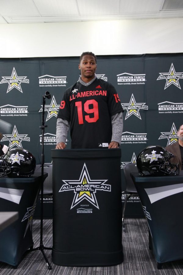 Senior Tyler Owens gives a speech during the All-American jersey ceremony on Nov. 27, 2018.