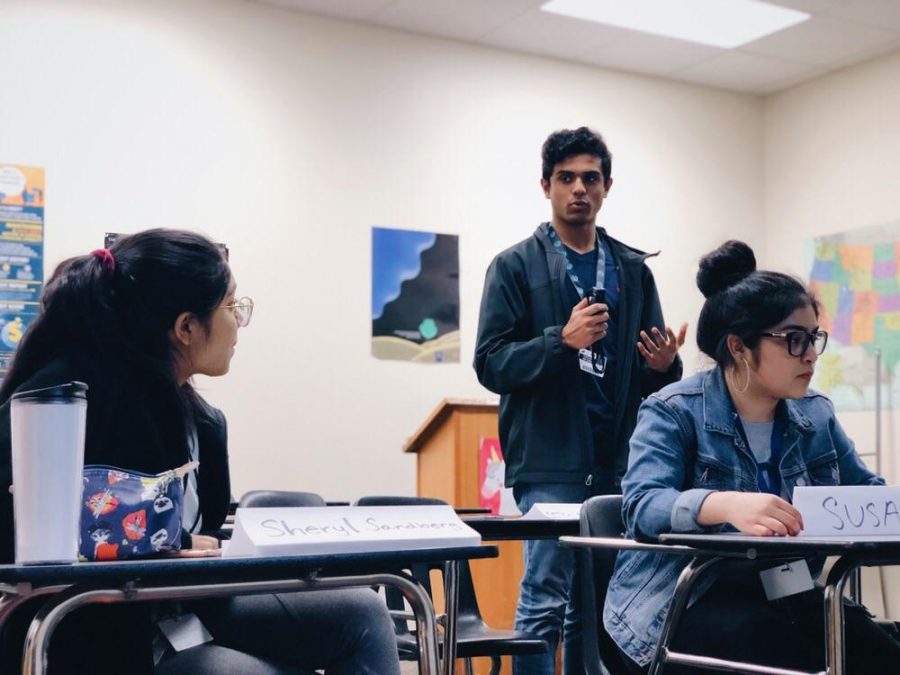 Sophomore Nayel Nasifa, sophomore Arman Ahmed and senior Lamisa Ali discuss fake news as the Facebook Board of Directors on Feb. 21.