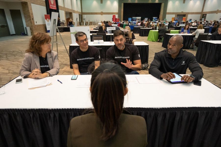 Student interviews with Ericsson telecommunications company during the Plano Mayor's Summer Internship  Program Job Fair on March 26.