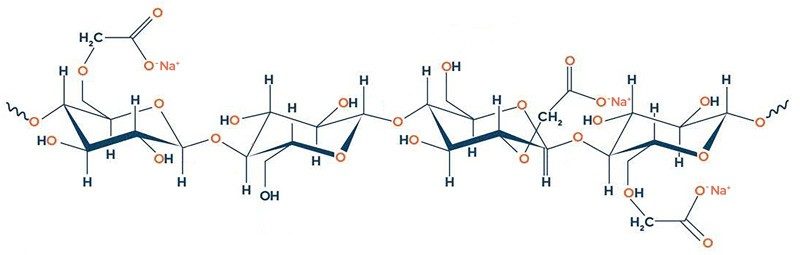 Molecular structure of a typical hydrocolloid called carboxymethylcellulose. Photo from the American Chemical Society and Lamberti.